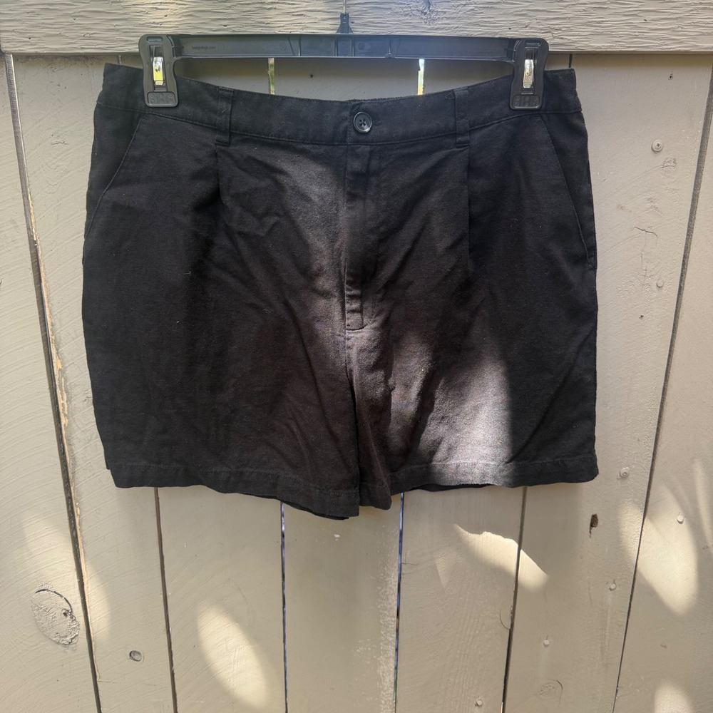 Womens Large Black Linen Pleated Shorts Preppy Old Money Beach Minimalist Resort